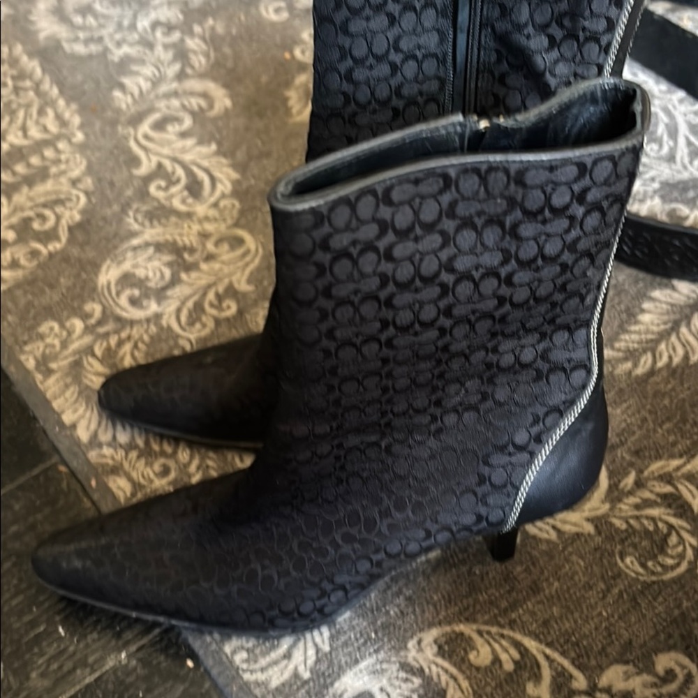 Coach Black Heeled Boots with Elegant Lace Pattern
